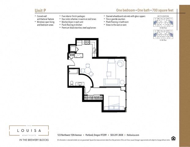 1 Bed 1 Bath (P) Floor Plan 1 Bed 1 Bath (P) Floor Plan at The Louisa Apartments in Portland, Oregon